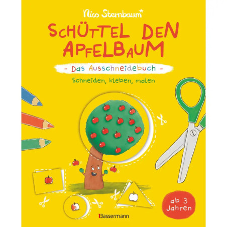 Buntes deutsches Kinderbuchcover mit Apfelbaum, Schere und Bastelmotiven vor gelbem Hintergrund.