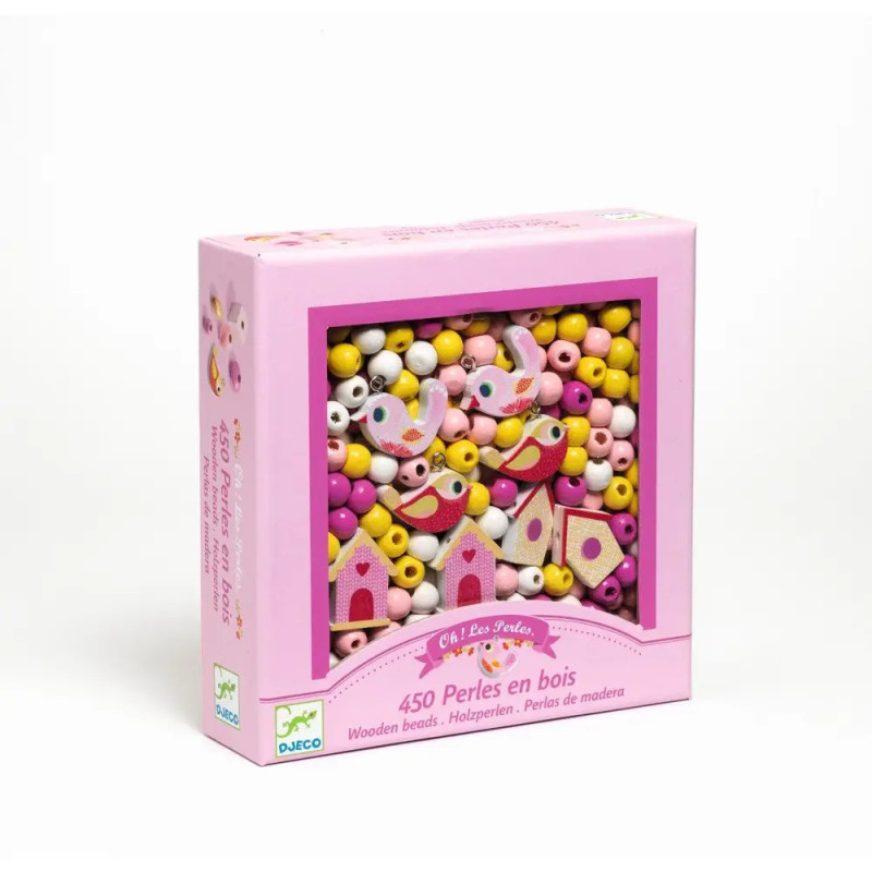 Rosa Box mit 450 Holzperlen in verschiedenen Formen und Farben, darunter Vögel und Häuser, von Djeco.