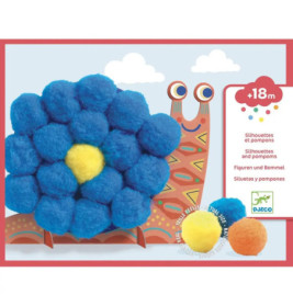 Pappschnecke mit blau-gelber Pompon-Blume vorne, geeignet für Kinder ab 18 Monaten.