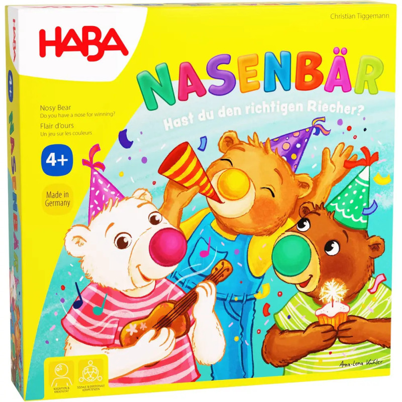 Bunte Brettspiel-Box mit drei Comic-Bären in Partyhüten, die Musik spielen und feiern. Bunte Brettspiel-Box mit drei Comic-Bären in Partyhüten, die Musik spielen und feiern.