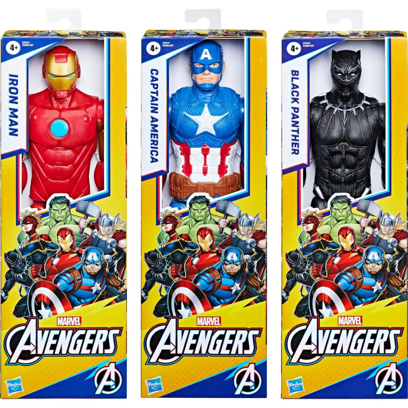 Drei Marvel Avengers Actionfiguren in Boxen: Iron Man, Captain America und Black Panther.