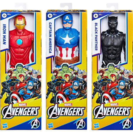 Drei Marvel Avengers Actionfiguren in Boxen: Iron Man, Captain America und Black Panther.