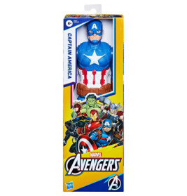 Captain-America-Actionfigur in gelber Marvel-Avengers-Box mit Bildern weiterer Superhelden auf der Vorderseite.
