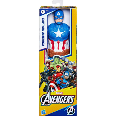 Captain-America-Actionfigur in gelber Marvel-Avengers-Box mit Bildern weiterer Superhelden auf der Vorderseite.