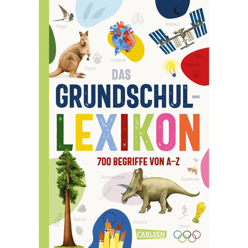 Buntes Cover eines deutschen Kinderlexikons mit Tieren, Planeten und Objekten um den Titeltext.