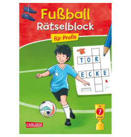Buchcover mit einem lächelnden Jungen im blauen Fußballtrikot und einem Kreuzworträtsel zum Thema Fußball.