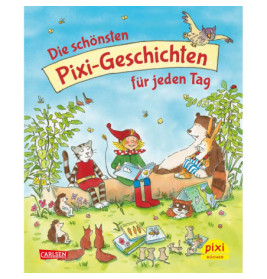 Eine fröhliche Elfe liest Tiere auf einem Baumstamm in einer sonnigen Wiese zwischen Büchern und Blumen vor.