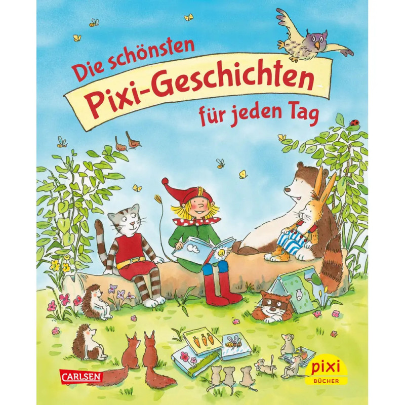 Eine fröhliche Elfe liest Tiere auf einem Baumstamm in einer sonnigen Wiese zwischen Büchern und Blumen vor.