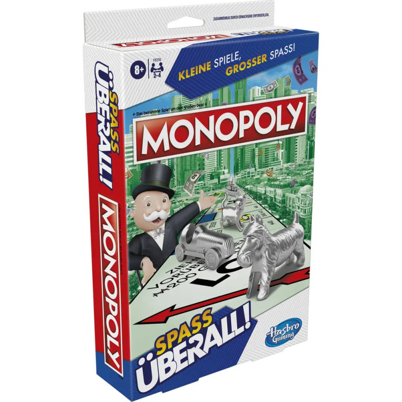 Schachtel des deutschen Monopoly-Spiels Spaß Überall! mit Spielfiguren und Stadtmotiv im Hintergrund.