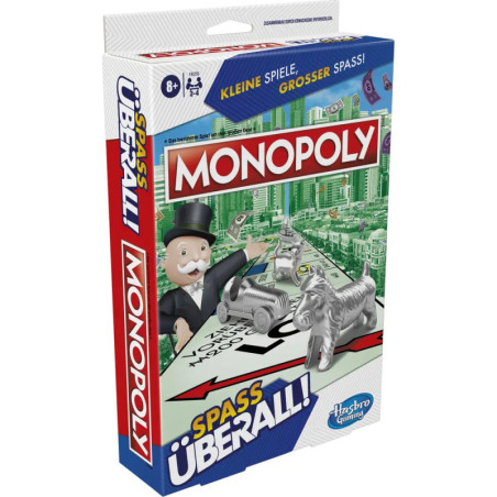 Schachtel des deutschen Monopoly-Spiels Spaß Überall! mit Spielfiguren und Stadtmotiv im Hintergrund.