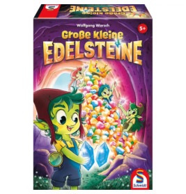 Bunte Brettspielschachtel mit Comic-Goblins und Edelsteinen, Titel Große Kleine Edelsteine von Wolfgang Warsch.