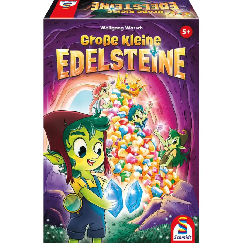 Bunte Brettspielschachtel mit Comic-Goblins und Edelsteinen, Titel Große Kleine Edelsteine von Wolfgang Warsch.