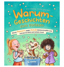 Drei Kinder und ein Hund fangen Popcorn vor blauem Hintergrund mit deutschem Buchtitel.