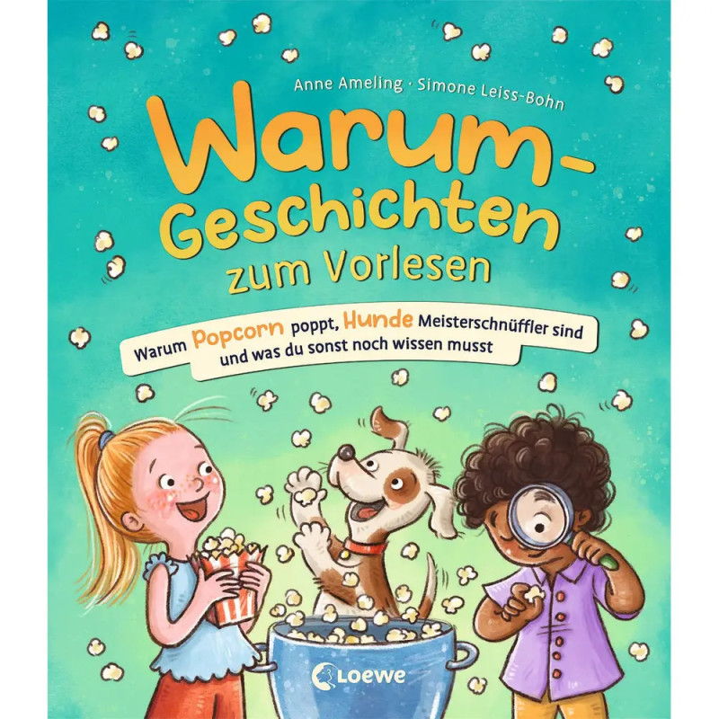 Drei Kinder und ein Hund fangen Popcorn vor blauem Hintergrund mit deutschem Buchtitel. Drei Kinder und ein Hund fangen Popcorn vor blauem Hintergrund mit deutschem Buchtitel.