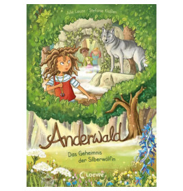 Ein Mädchen und zwei Kinder schauen im Wald einen silbernen Wolf an, davor steht der Titel Anderwald.