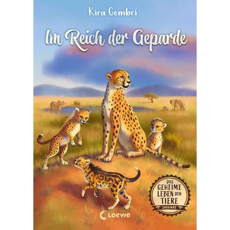 Illustration einer Gepardenfamilie mit Jungen in der Savanne, Buchtitel: Im Reich der Geparde von Kira Gembri. Illustration einer Gepardenfamilie mit Jungen in der Savanne, Buchtitel: Im Reich der Geparde von Kira Gembri.