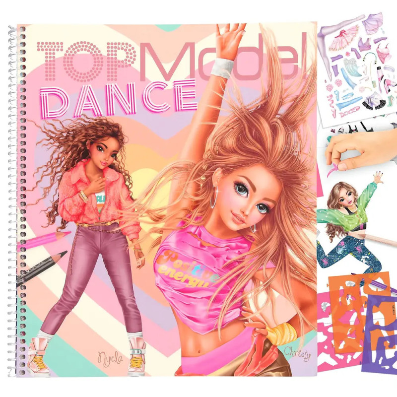 Buntes Top Model Dance Notizbuch mit zwei gezeichneten Mädchen, daneben Malutensilien und Sticker. Buntes Top Model Dance Notizbuch mit zwei gezeichneten Mädchen, daneben Malutensilien und Sticker.