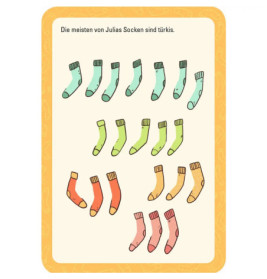 Illustration von 15 verschiedenfarbigen Socken, überwiegend türkis. Deutscher Text steht oben im Bild.