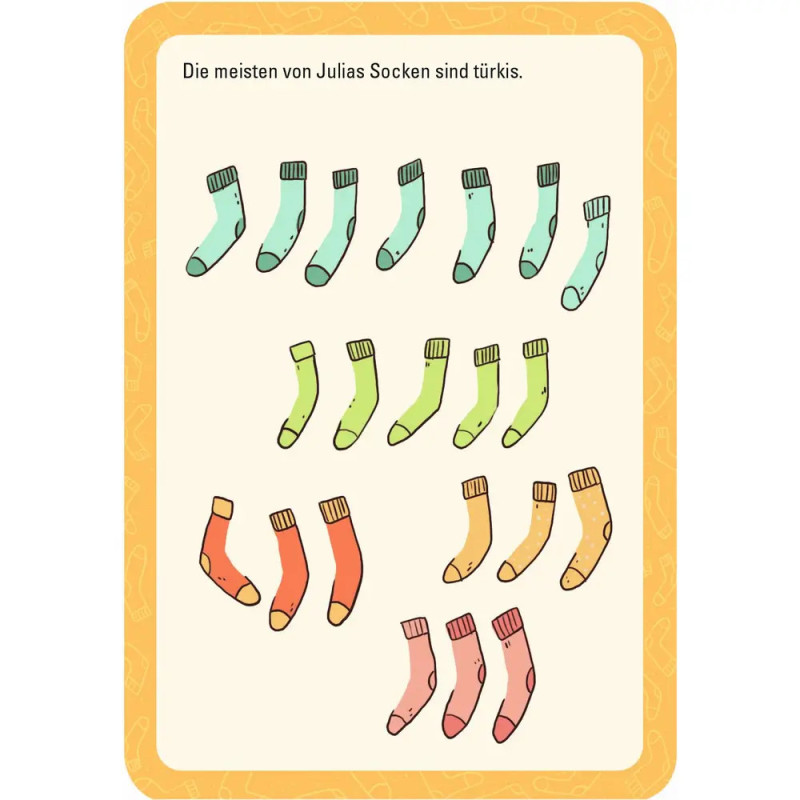 Illustration von 15 verschiedenfarbigen Socken, überwiegend türkis. Deutscher Text steht oben im Bild.