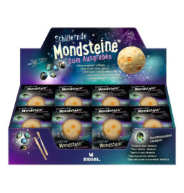 Display-Box mit Schillernden Mondsteinen zum Ausgraben und Grabewerkzeug, inklusive Mondsteinen.
