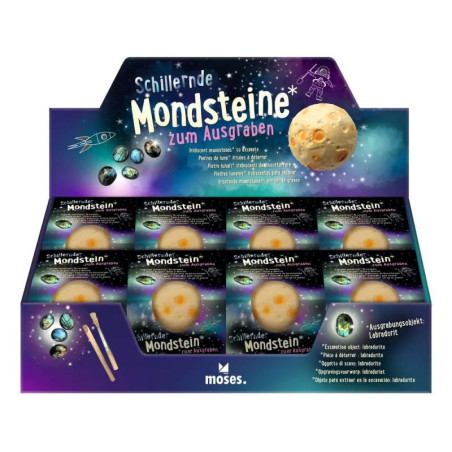 Display-Box mit Schillernden Mondsteinen zum Ausgraben und Grabewerkzeug, inklusive Mondsteinen.