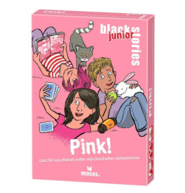 Pinkfarbene Spielschachtel mit Cartoon-Kindern, Katze und Hase: Black Stories Junior: Pink! von moses.