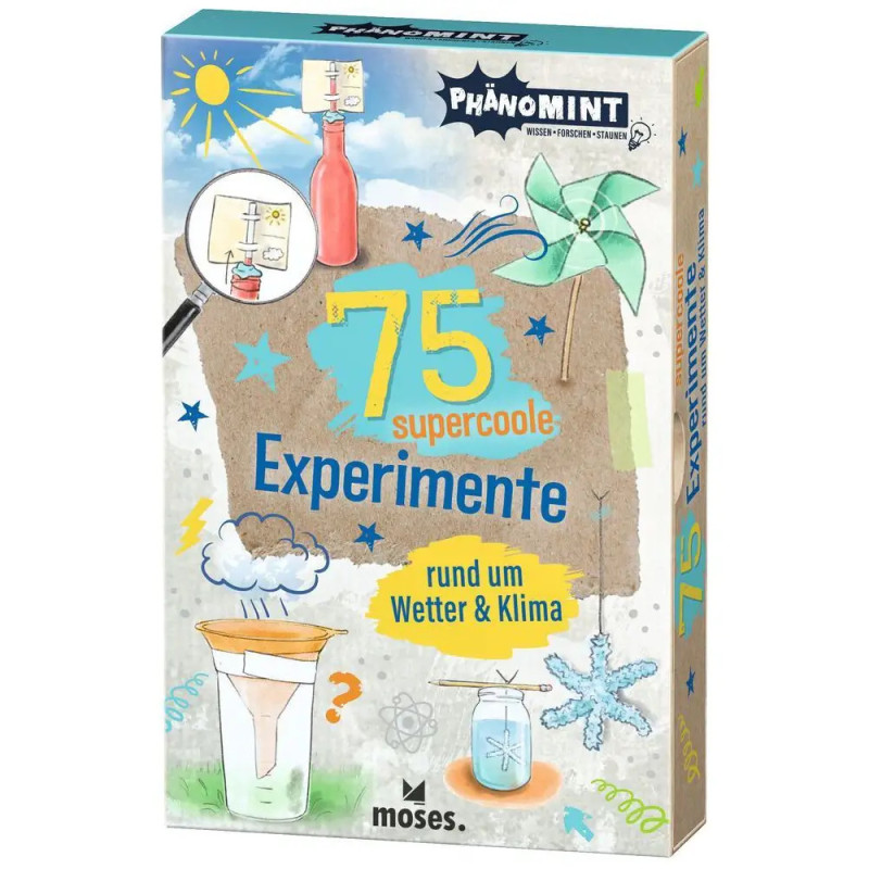 Box mit 75 Experimenten zu Wetter & Klima, illustriert mit wetterbezogenen Zeichnungen und Versuchsabbildungen.