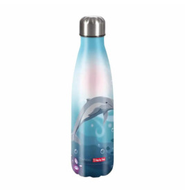 Blaue Trinkflasche mit Delfinmotiv, Blasen und silbernem Deckel vor weißem Hintergrund.