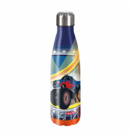 Isolierte Trinkflasche mit Monstertruck- und Rennstreckendesign auf buntem Hintergrund.