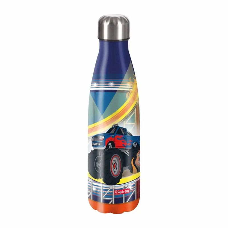 Isolierte Trinkflasche mit Monstertruck- und Rennstreckendesign auf buntem Hintergrund.
