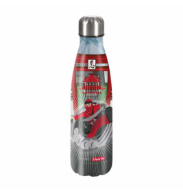 Edelstahlflasche mit rotem Ninja-Motiv und japanischem Design auf grauem Hintergrund.