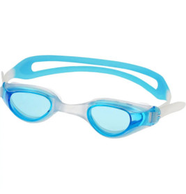 Blau-weiße Schwimmbrille mit klaren Gläsern und verstellbarem Band.