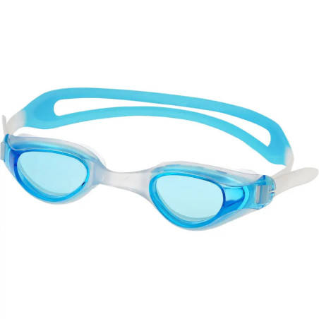 Blau-weiße Schwimmbrille mit klaren Gläsern und verstellbarem Band.