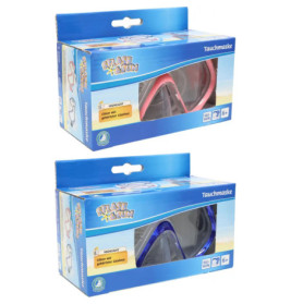 Zwei Splash & Fun Taucherbrillen in blauer Verpackung, je eine in Rot und Blau, geeignet ab 6 Jahren.