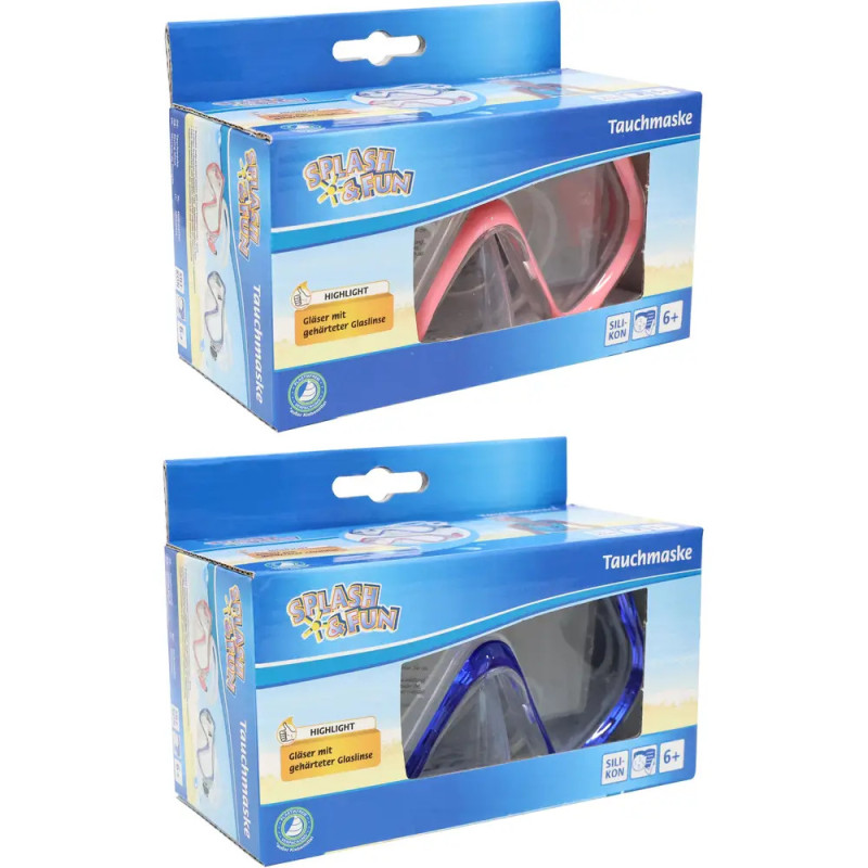 Zwei Splash & Fun Taucherbrillen in blauer Verpackung, je eine in Rot und Blau, geeignet ab 6 Jahren.