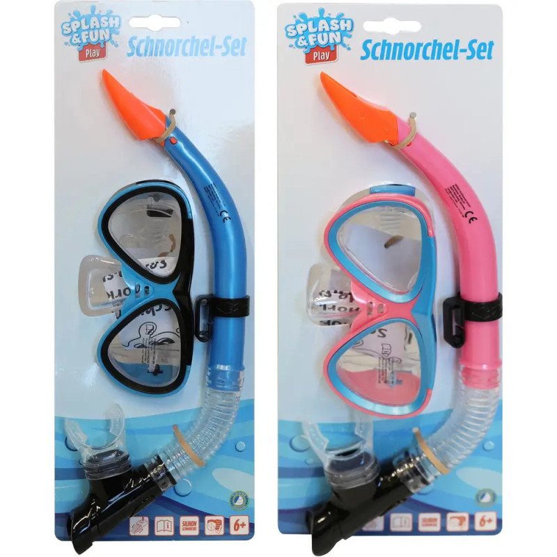 Zwei Schnorchelsets in Verpackung, blau und pink, jeweils mit Maske und Schnorchel von Splash & Fun.