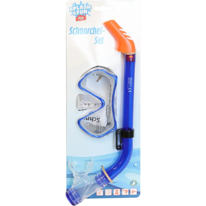 Blau-orangefarbenes Schnorchelset mit Maske in Verpackung, beschriftet mit SPLASH & FUN und Schnorchel-Set.