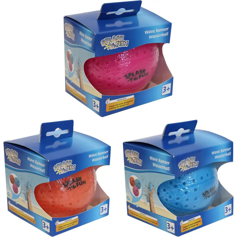Drei Splash & Fun Wave Runner Wasserbälle in blauer, roter und pinker Verpackung, geeignet ab 3 Jahren.