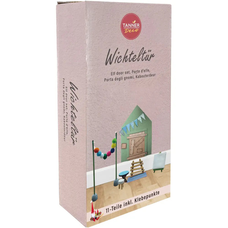 Box des Tanner Deco Elf Door Sets mit einer Miniatur-Grüntür und passendem Deko-Zubehör.