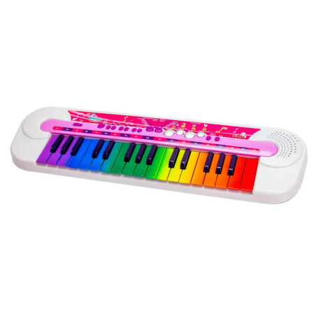 Buntes Spielzeug-Keyboard mit regenbogenfarbenen Tasten und pinkem Bedienfeld in weißem Gehäuse.