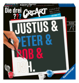 Eine Hand bemalt eine schwarze Leinwand mit den Namen JUSTUS, PETER, BOB, ICH in Weiß, Blau und Rot.