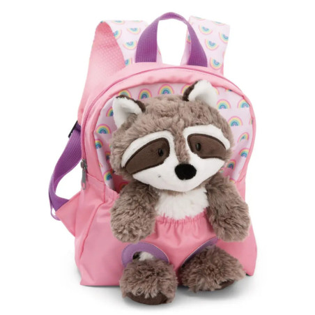 Rosa Rucksack mit Regenbogenmuster und einem Plüsch-Waschbär an der Vorderseite.