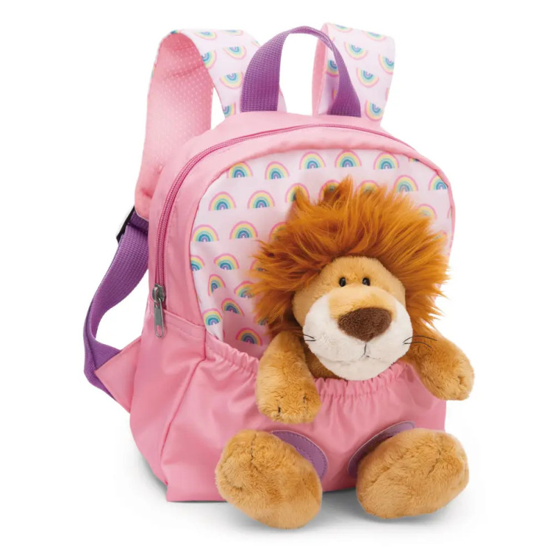 Rosa Kinderrucksack mit Regenbogenmuster und einem Plüschlöwen am Frontfach. Rosa Kinderrucksack mit Regenbogenmuster und einem Plüschlöwen am Frontfach.