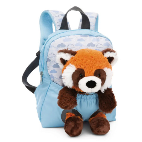 Hellblauer Rucksack mit Wolkenmuster und einem Plüsch-Roter-Panda-Anhänger an der Fronttasche.