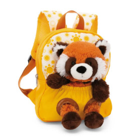 Gelber Rucksack mit Sonnenmuster und einem Plüsch-Roter-Panda am Frontfach.