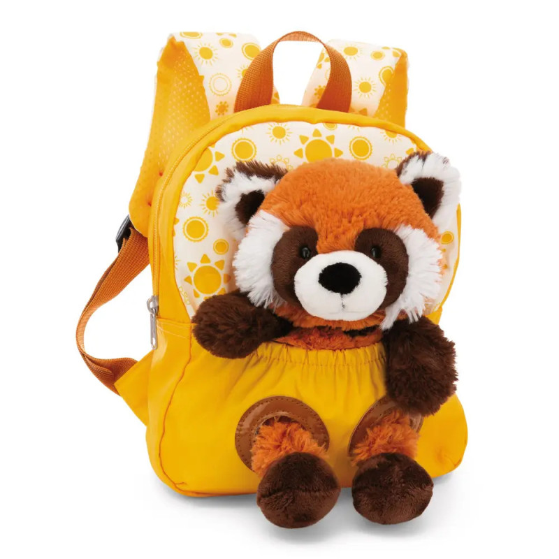 Gelber Rucksack mit Sonnenmuster und einem Plüsch-Roter-Panda am Frontfach.