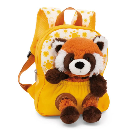Gelber Rucksack mit Sonnenmuster und einem Plüsch-Roter-Panda am Frontfach.