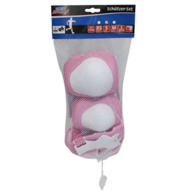 Netzbeutel mit rosa-weißem Schützer-Set für den Sport, mit der Aufschrift Schützer-Set.
