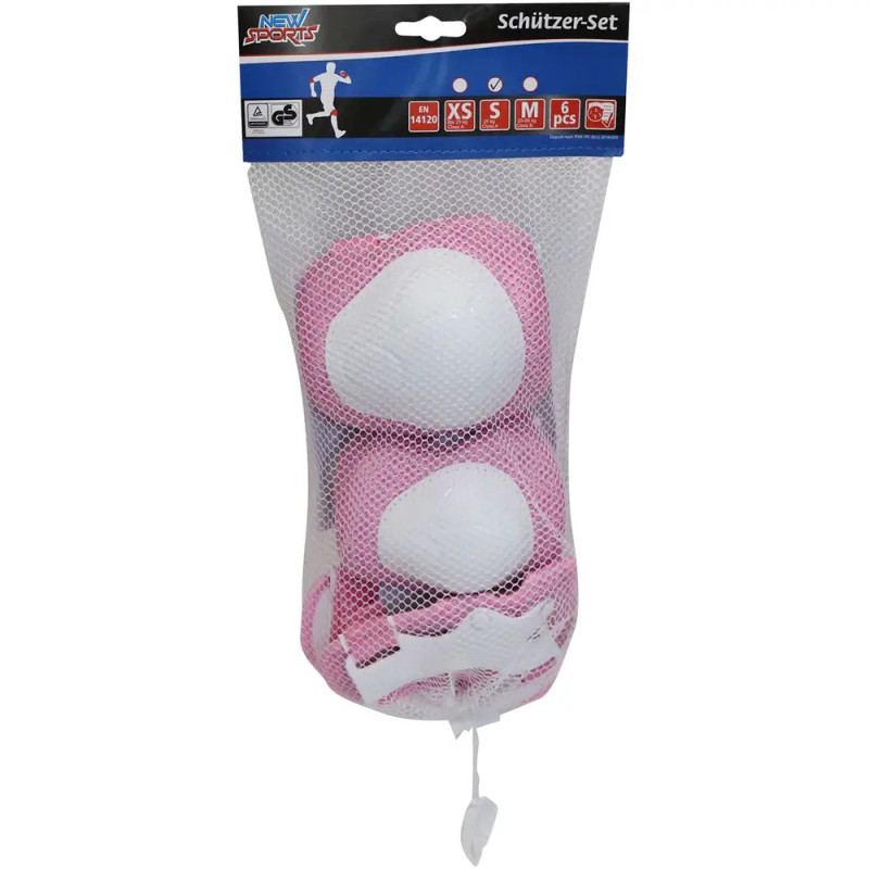 Netzbeutel mit rosa-weißem Schützer-Set für den Sport, mit der Aufschrift Schützer-Set. Netzbeutel mit rosa-weißem Schützer-Set für den Sport, mit der Aufschrift Schützer-Set.