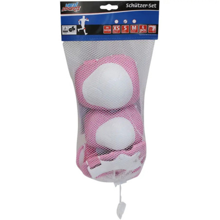 Netzbeutel mit rosa-weißem Schützer-Set für den Sport, mit der Aufschrift Schützer-Set.